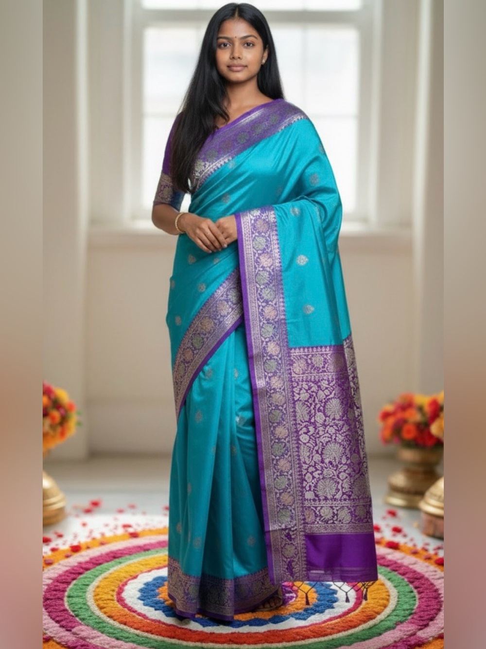 Elegant turquoise blue and purple Women's Saree - Classic Draped Style